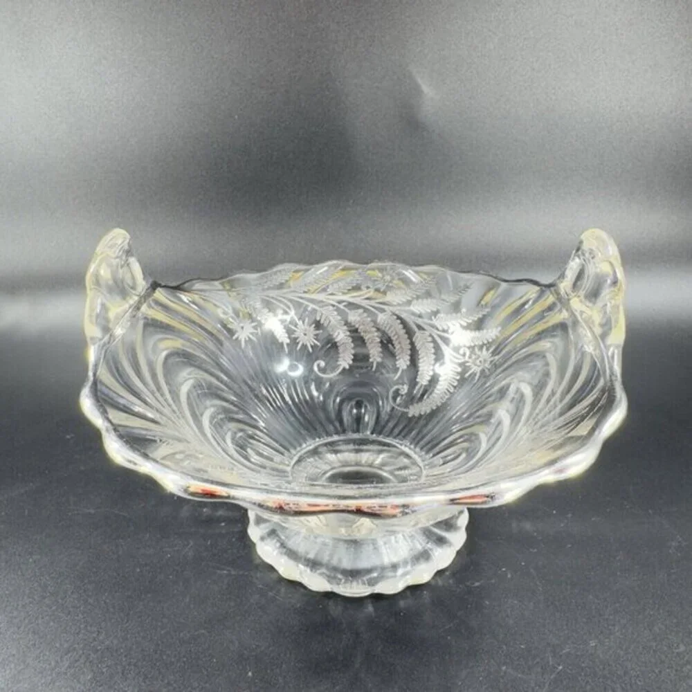 Vintage Cambridge Clear Glass Caprice Bowl Dish Handles‎ Silver Overlay Flower